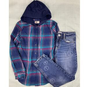 Girls SO Hooded Plaid Shirt & Jeans sz 10/12 Peace Sign Outfit/Set